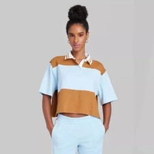 Women's Short Slv. stripe collar Rugby Shirt Blue Brown Wild Fable XS NWT