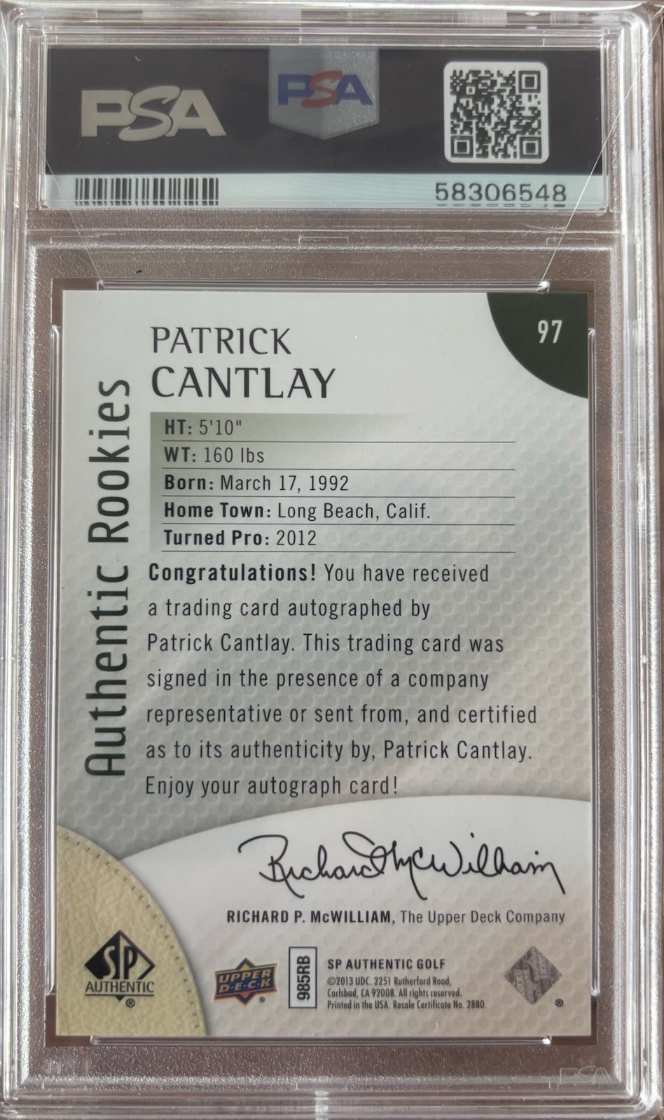 2014 SP Authentic #97 Patrick Cantlay RC AUTO (#’d 407/699) PSA 10 view 2