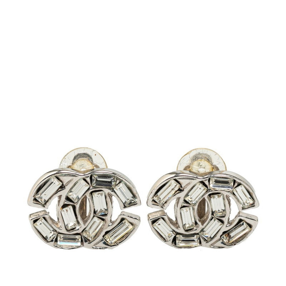 Chanel Coco Mark Rhinestone Bucket Earrings Silver Plated