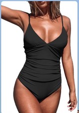 Medium Black Ruched V-Neck One-Piece Swimsuit