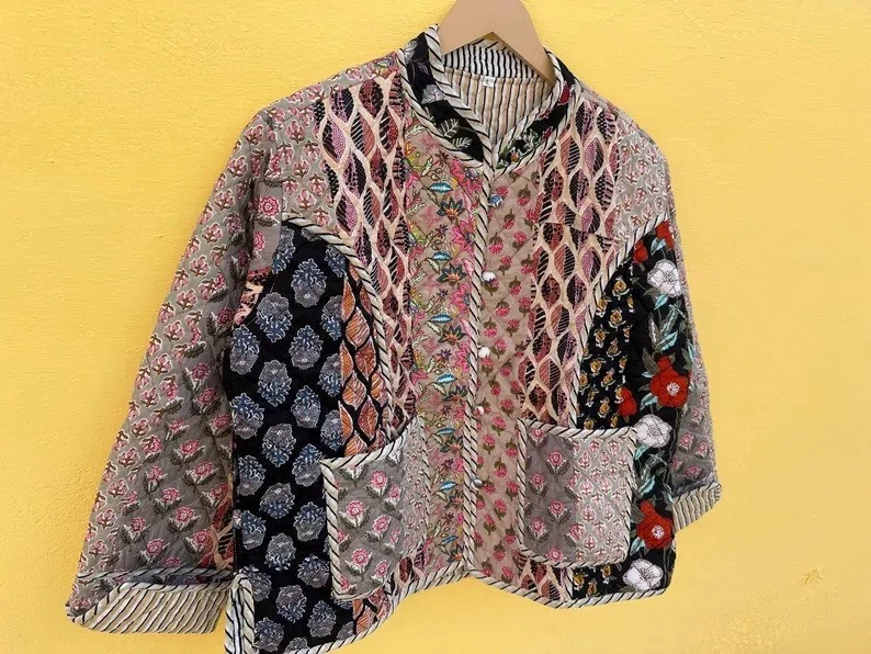 Indian Multi Patchwork Cotton Quilted Unisex Jacket Womens Clothing Jackets US
