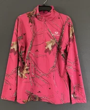 Mossy Oak Womens Sz M 8-10 Hot Pink Camo 1/4 Zip Pullover LS Shirt Poly/Spandex