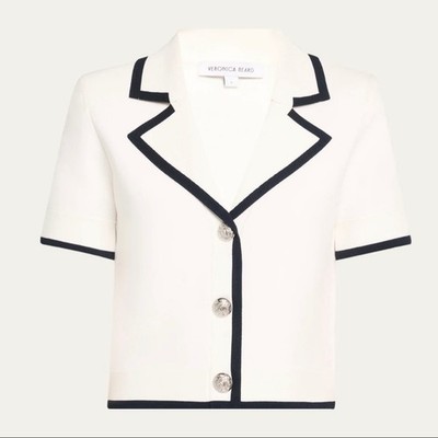 Veronica Beard Stovall Knit Short-Sleeve Jacket M Off-White Black NWT