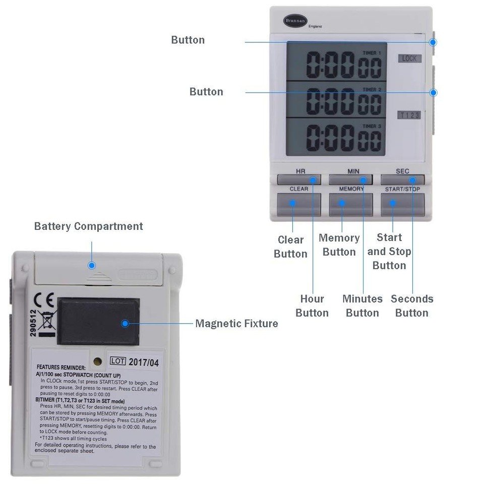 Big Digits Digital Triple Kitchen Timer and Clock with Large LED Countdown Timer ...