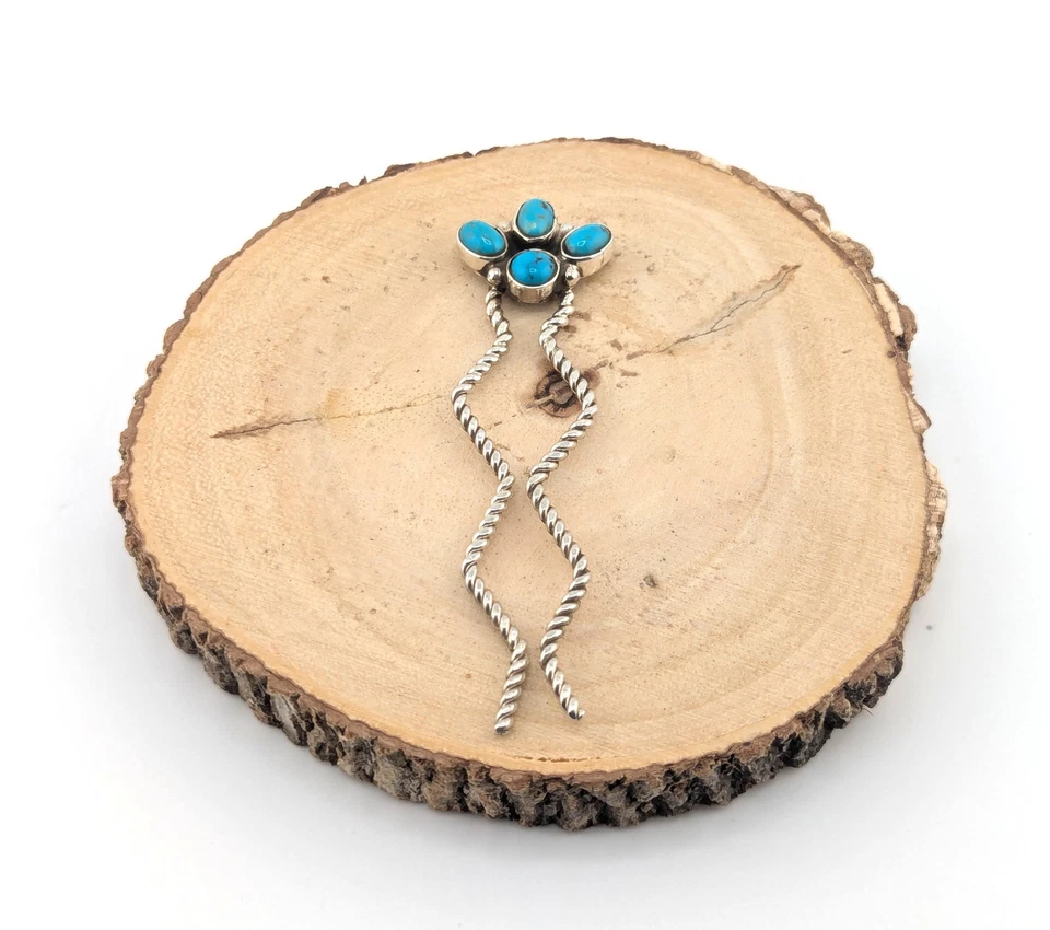 Navajo Hair Accessory | Kingman Turquoise | Sterling Silver Twisted Rope Pin Bun - Image 3 of 4