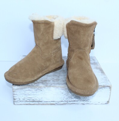 BearPaw Girls Youth 11 Brown Leather Suede Wool Sherpa Zipper Preppy Boots NWOB