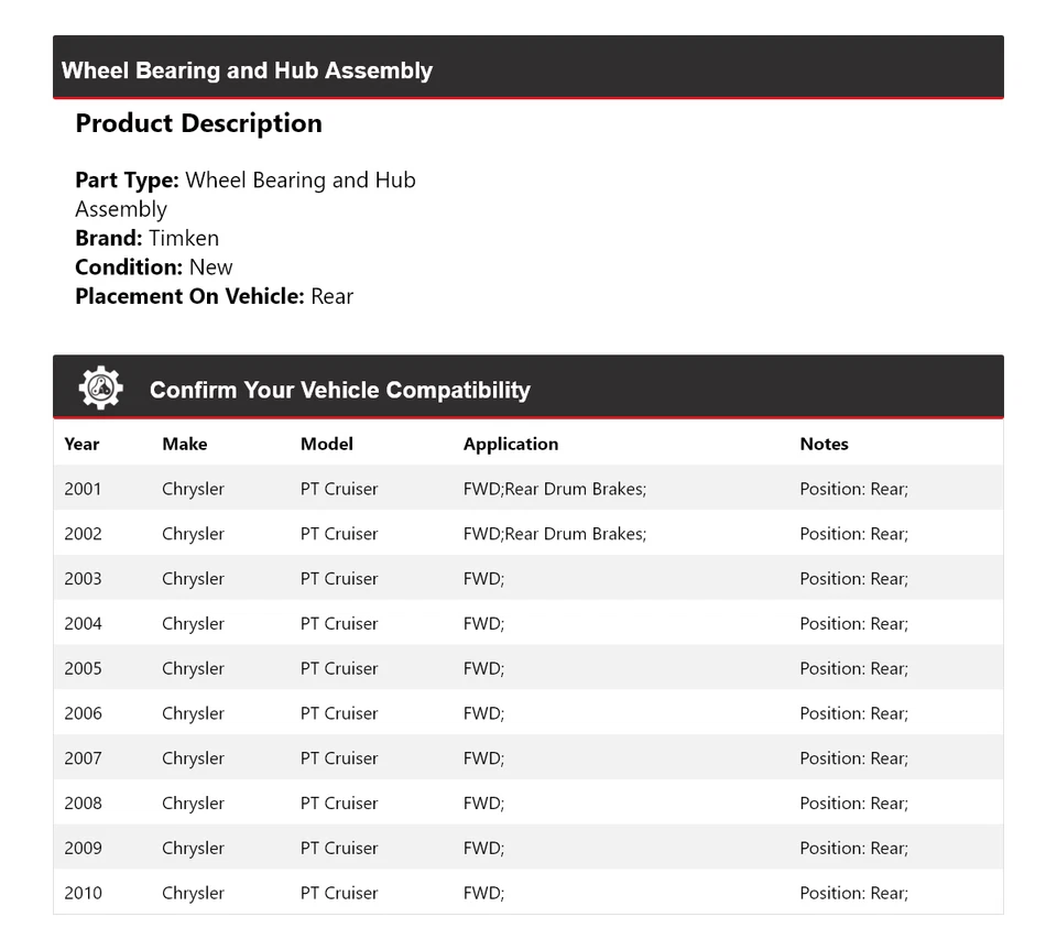 Conjunto de cojinete de rueda y buje trasero Timken para Chrysler PT Cruiser 2001-2010 tracción delantera Foto 2 de 4