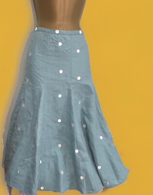 Coast 100% Linen Duck Egg  Blue Polkadot Midi Flared  Skirt UK 10 Acetate Lined