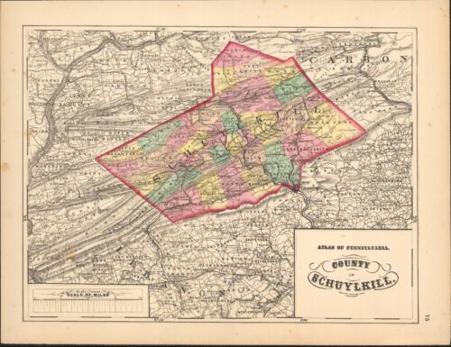 Mapa del condado de Schuylkill 1872 antiguo ~ 17,2"" x 13,3"" vibrante color de mano original - Imagen 1 de 6