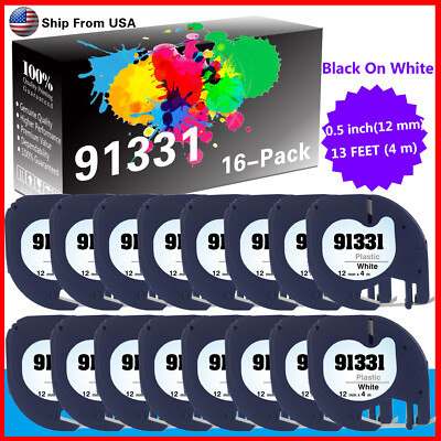 16PK 91331 Black on White Plastic Tape Label for DYMO LetraTag QX50 LT100H