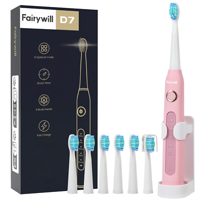 Fairywill Sonic Electric Toothbrush USB Rechargeable with 6 Brush Heads 5 Modes