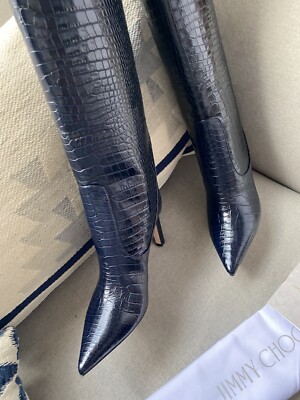 $1495 Jimmy Choo Mavis 85 blue navy croc embossed leather 36.5 NWB