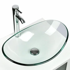 Bathroom Vessel Sink Tempered Glass Counter Top Oval Basin Bowl Popup Faucet Set