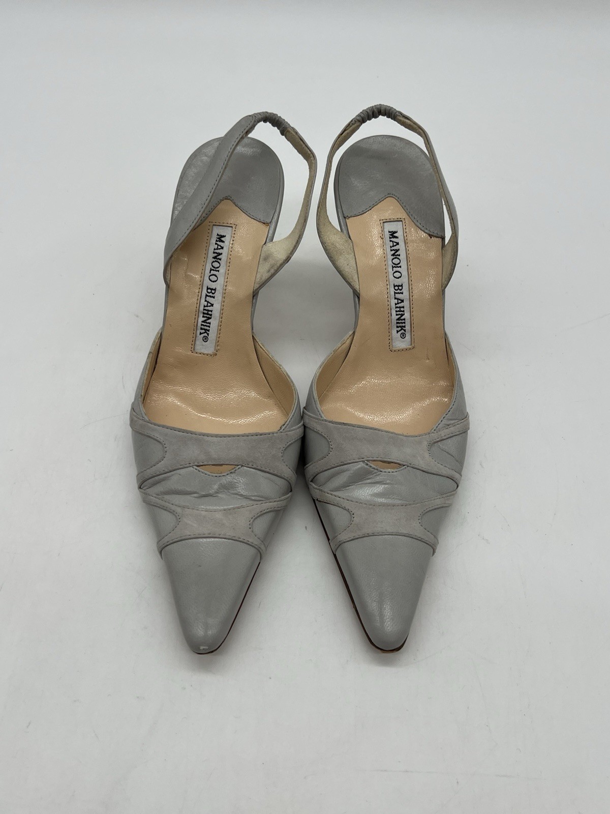 Manolo Blahnik Slingback Women Sz 35 US 4.5-5 Gray Leather Point Toe Shoes.