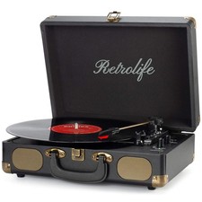 Vinyl Record Player 3-Speed Bluetooth Suitcase Portable Belt-Driven Black