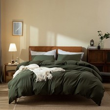 Dark Green Duvet Cover Queen, 100 Washed Cotton Linen Like Textured Solid Co...