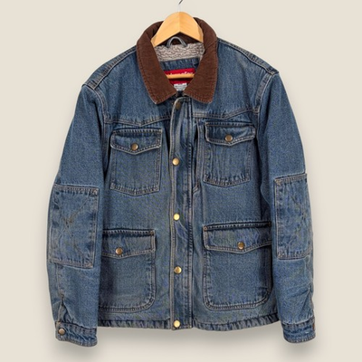 #ad #ad Wrangler Sherpa Lined Denim Chore Jacket Men Medium Blue Corduroy Collar Work $57.88