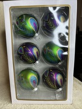 KURT ADLER SET OF 6 ASST 2 PEACOCK GREEN PURPLE BALL GLASS CHRISTMAS ORNAMENTS