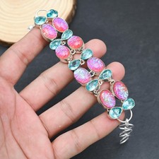 Pink Triplet Opal Blue Topaz 925 Sterling Silver Jewelry Bracelet 7-8