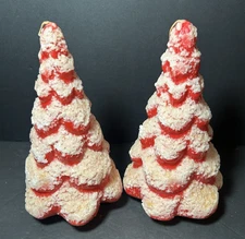 (2) Vintage Victrylite Molded Christmas Tree Candles Red/White Flocking 9" NOS