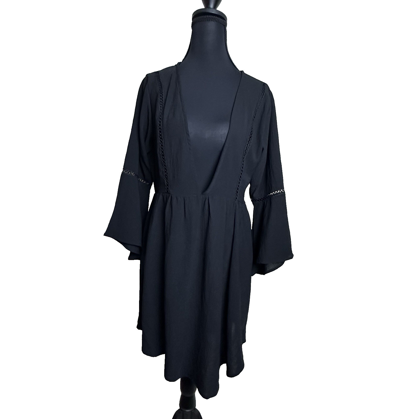 Boho Women's Small Black Bell Sleeve Dress Crochet Trim V-Neck Festival Witchy