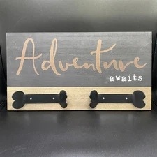 Adventure Awaits Dog Leash Holder Wall Mount Sign Rustic Decor
