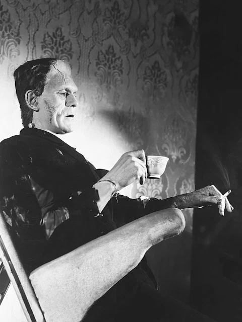 Frankenstein Drinking Tea and Smoking, Halloween, Black and White Old Poster