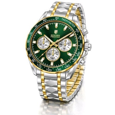   Montres Prestige Men's Chrono Watch   44mm Silver & Gold Tone | Green Dial  
