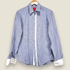 Hugo Boss Hidden Placket Dress Shirt Men Medium Blue White Dots Cotton Contrast