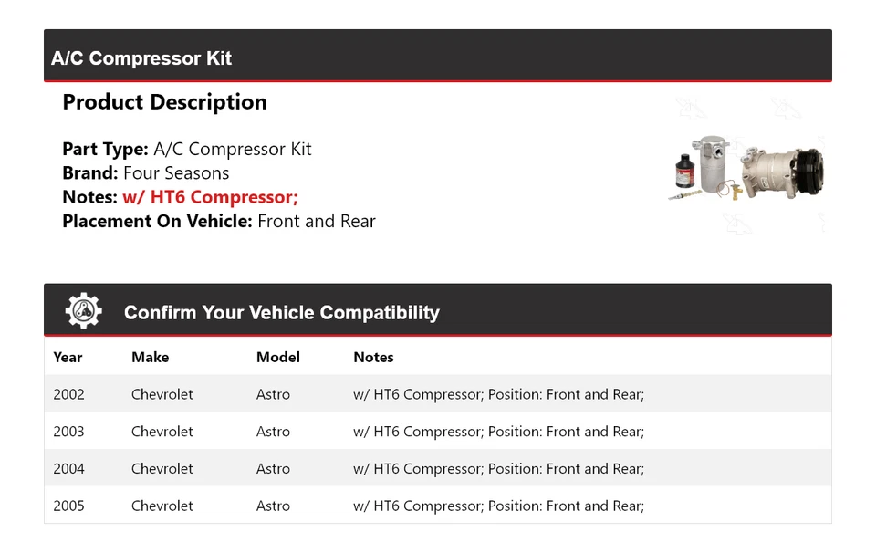 Kit compresor aire acondicionado delantero y trasero Chevrolet Astro 2002-2005 4 estaciones 2003 Foto 2 de 4