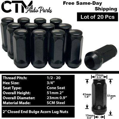 20x 2'' Black 1/2-20 Cone Seat Bulge Acorn Wheel Lug Nuts 3/4'' Hex Ford Lincoln