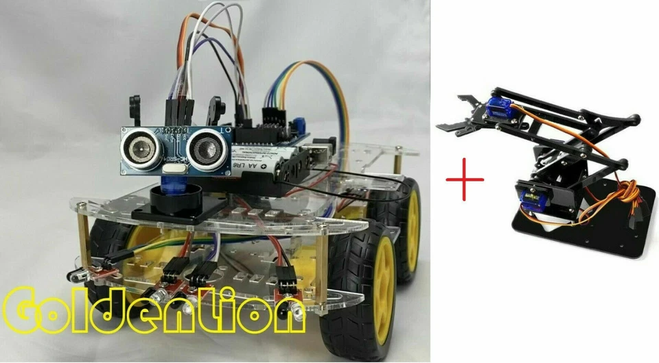 GoldenLion 4WD Smart Car Kit UNO R3 Roboter Bausatz Version A (mit Arm)