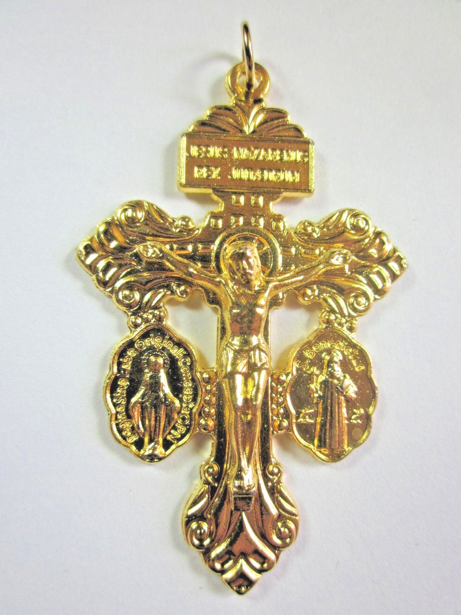 3-Way Pardon Crucifix With St. Benedict & Miraculous Medal - 2 1/4 Inch, Gold Plated