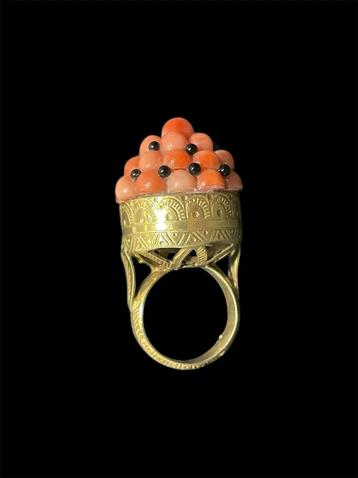 Anello vintage in Corallo e onice e argento - Immagine 4 di 4