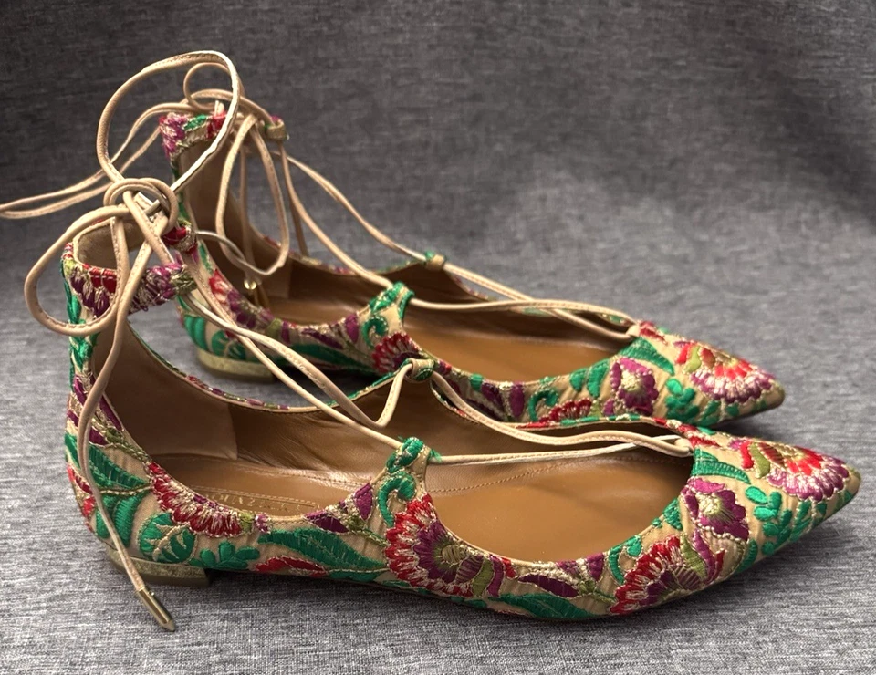 Aquazzura Christy Bordado Floral Lona Punta - Puntera Plana UE 37.5 EE. UU. 7.5 Foto 3 de 4