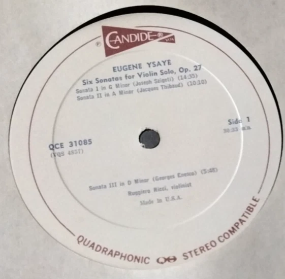 CANDIDE QCE 31085 YSAYE, RICCI - 6 SONATAS FOR VIOLIN SOLO US QUADRA 1974 LP - Image 3 of 3