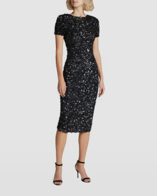 $1595 Rachel Gilbert Womens Gray Hand-Beaded Short-Sleeve Sheath Midi Dress  Sz 2 | eBay