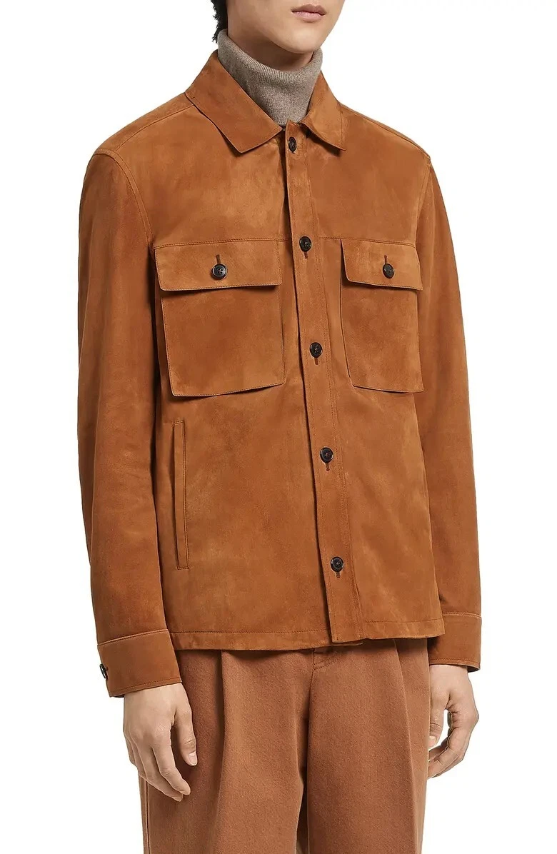 Brown Trucker Leather Jacket for Men Pure Suede Custom Made Size S M L XXL 3XL