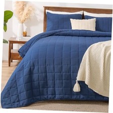 EMME Quilts Queen Size Bedding Full/Queen 90" x 90" 01-navy Squares Pattern 