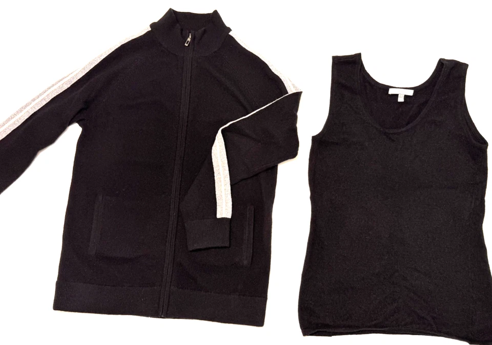 NEIMAN MARCUS Negro 100% The Cashmere Colección Tejido Tanque Chaqueta de Pista Conjunto M Foto 2 de 4