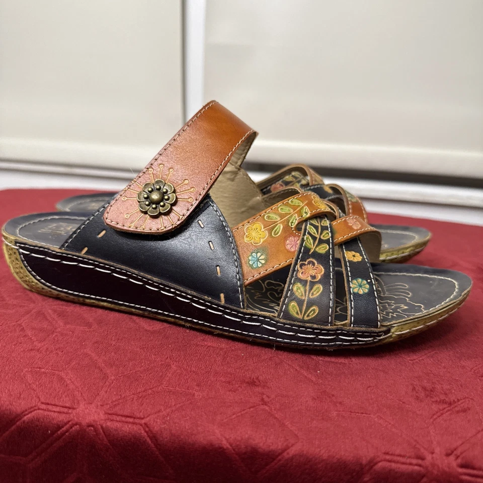 L’Artiste by Spring Step Womens Leigh Leather Slide Sandal - Navy Multi 41M 9.5 - Image 3 of 4