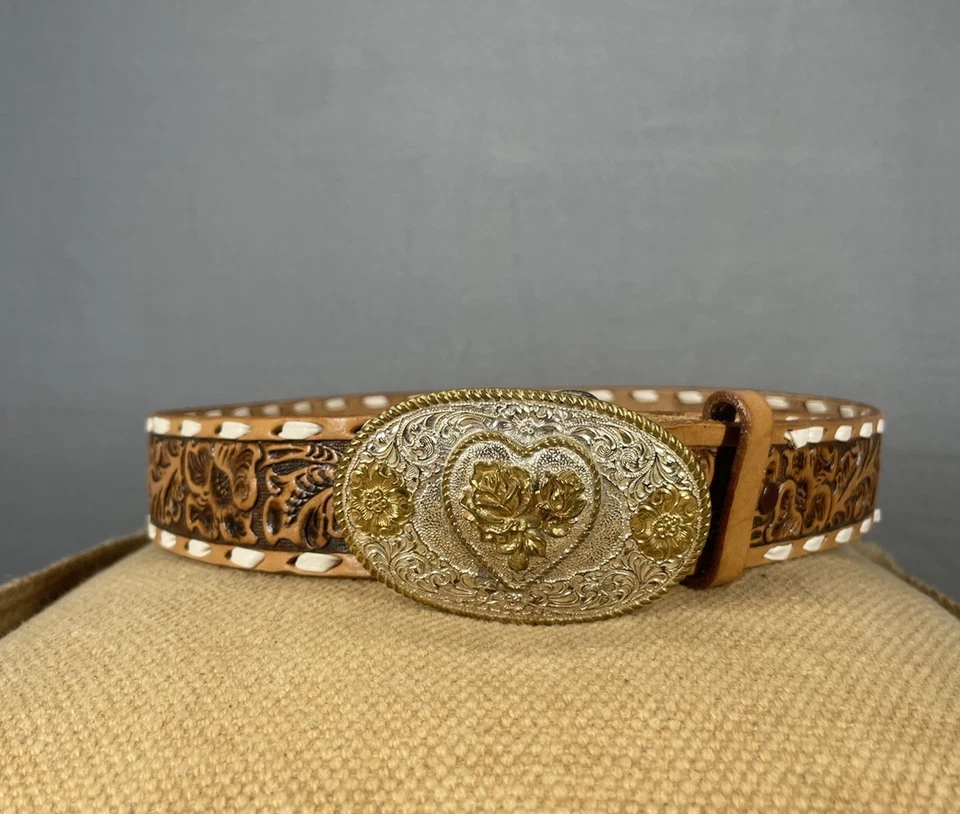 Crumrine El Arturo Gold and Silver Floral Belt And Buckle Engraved PHYLLIS sz 32 - Image 2 of 4
