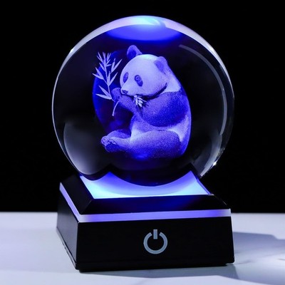3D Panda Crystal Ball with Color-Changing LED Base - Laser Engraved Panda Gif...