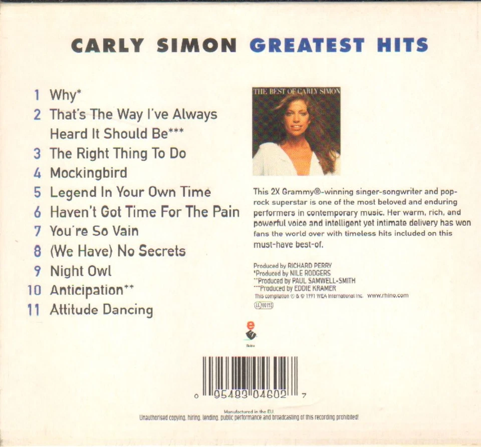 CARLY SIMON-CD- THE BEST OF-ELEKTRA-GERMANY-1991-NEUWERTIG - Bild 2 von 2