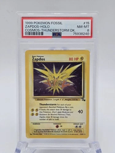 1999 POKEMON FOSSIL ZAPDOS HOLO #15 COSMOS THUNDERSTORM DECK PSA 8 NM-MT VINTAGE