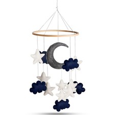 Baby Mobile for Crib - Blue Moon, Stars, and White Clouds Handmade Nursery