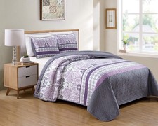 Full/Queen 3 Piece Quilted Coverlet Set Floral Lavender Purple White Gray