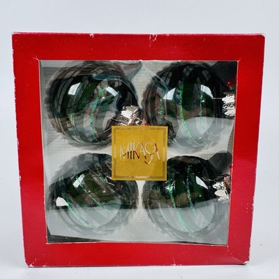 Mikasa 4 Piece Blown Glass Holiday Christmas Tree Ornament Balls Green Stripes