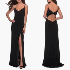 NWT LA FEMME Black RUCHED Cutout Back Jersey TRUMPET Slit EVENING Dress GOWN 6