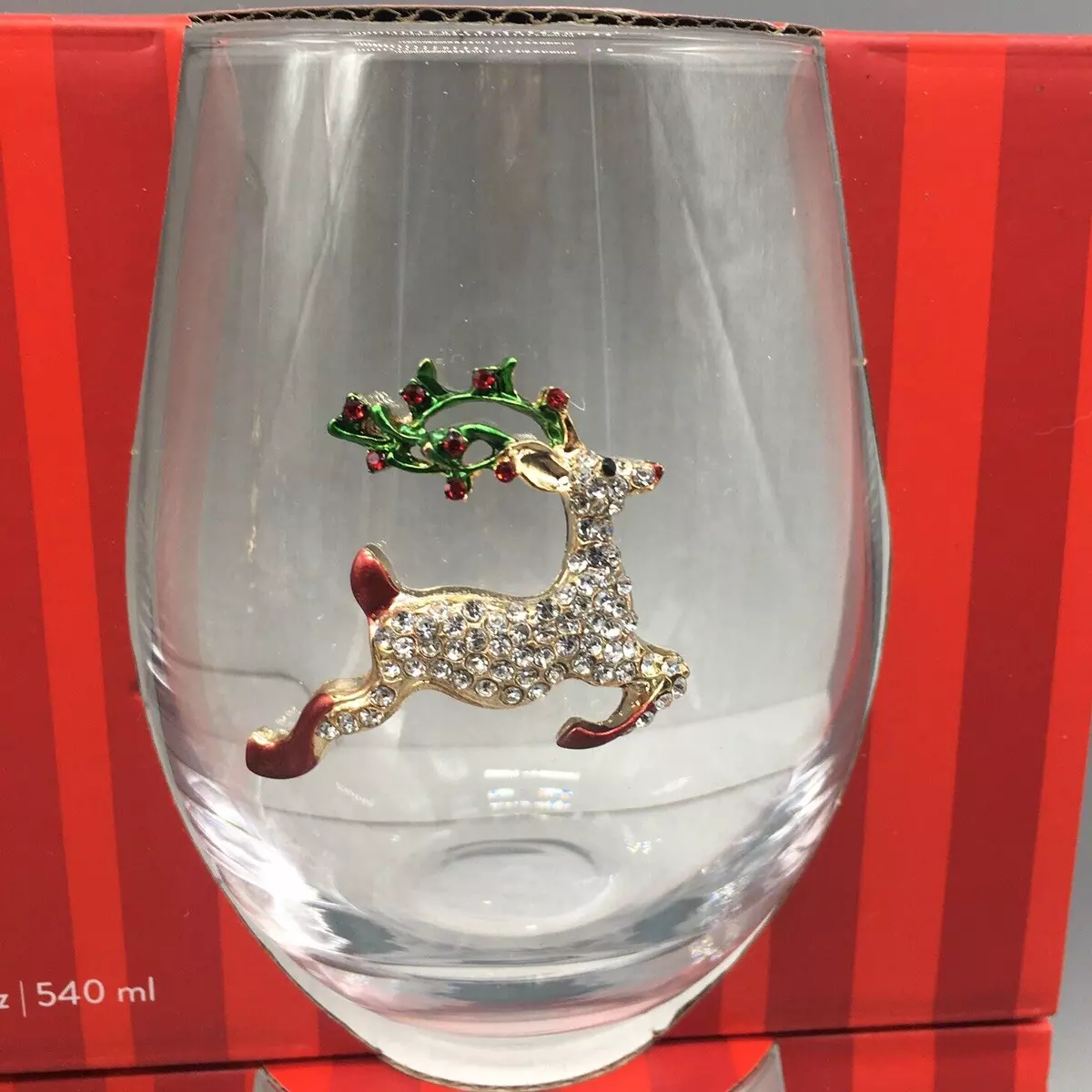 x2 Christmas Rhinestone Gold Reindeer Stemless Wine Glass Set Deer Holidays  NEW